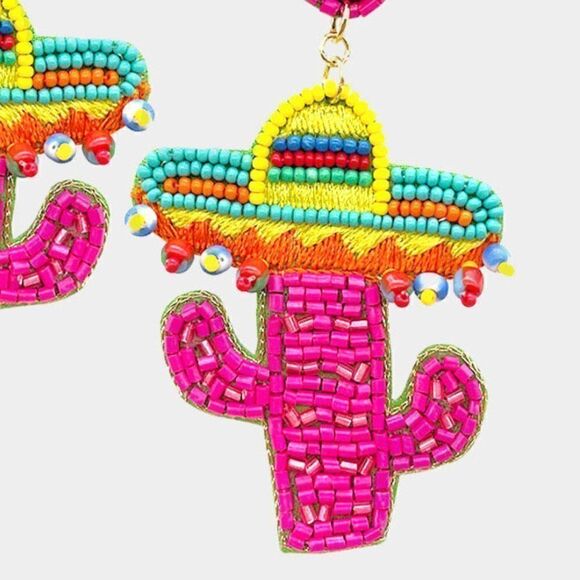 Sombrero Cactus Pink Seed Beaded Earrings - Picture 2 of 5